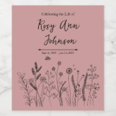 Wildflower Memorial Wine Label on Dusty Rose Wijn Etiket (Enkel label)