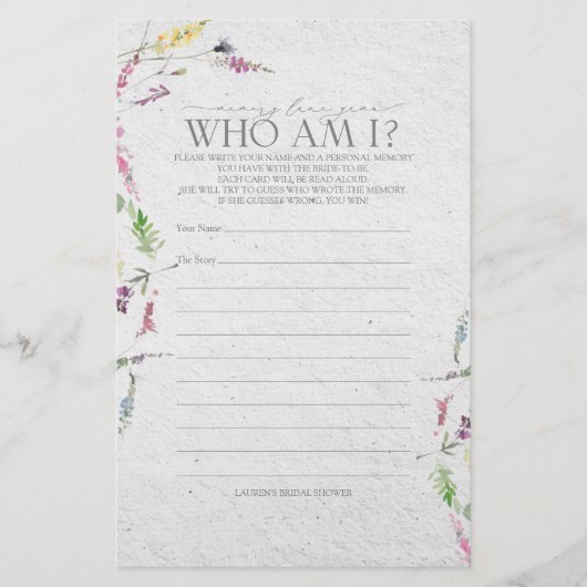 Wildflower Memory Lane Vrijgezellenfeest spel (Voorkant)