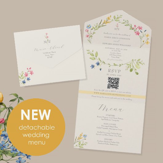 Wildflower Menu Ivory Bruiloft All In One Uitnodiging
