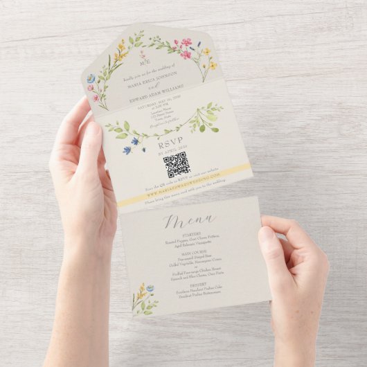 Wildflower Menu Ivory Wedding All In One Uitnodiging (Afscheurbaar)