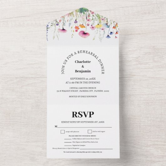 Wildflower Menu Keuze Repetitie Diner All In One Uitnodiging (Binnen)