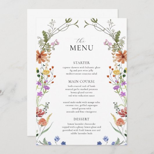 Wildflower Menu Sjabloon, Tuinfeest bruids show Kaart (Voorkant / Achterkant)