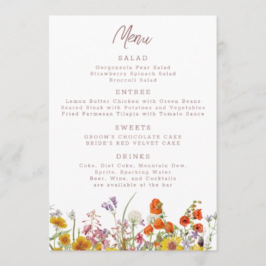 Wildflower Menu voor Bruiloften en Evenementen (Voorkant)