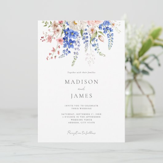 Wildflower Minimalist Boho Floral Wedding Kaart (Staand voorkant)