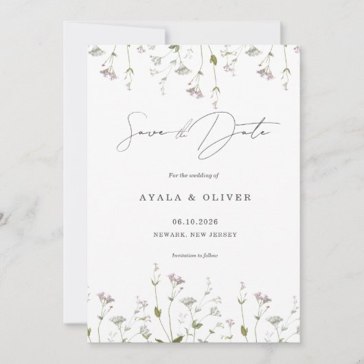 Wildflower minimalistisch delicate bloemenbruiloft save the date (Voorkant)