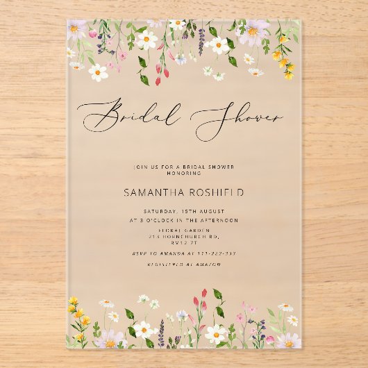 Wildflower minimalistisch elegant Vrijgezellenfees Acryl Uitnodigingen (Voorkant)
