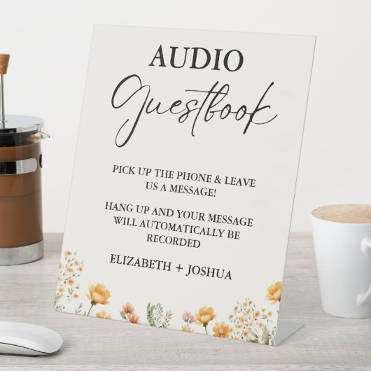 Wildflower minimalistisch zwart audio gastenboek t reclamebord met voetstuk (Insitu)