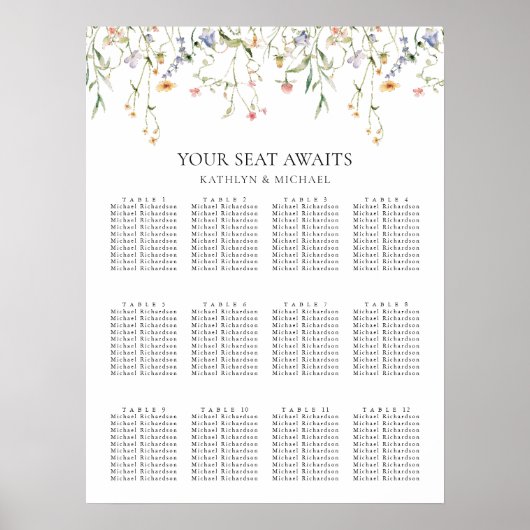Wildflower minimalistische bruiloft 12 tafel zitpl poster (Voorkant)