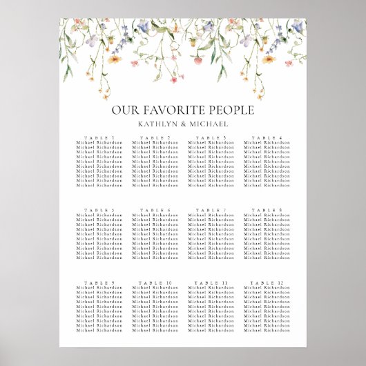 Wildflower minimalistische bruiloft 12 tafel zitpl poster (Voorkant)