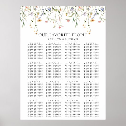 Wildflower minimalistische bruiloft 16 tafelstoele poster (Voorkant)