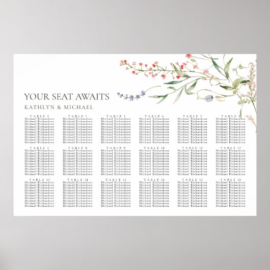 Wildflower minimalistische bruiloft 18 tafelstoele poster (Voorkant)
