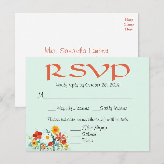 Wildflower Mint Floral Wedding RSVP Reactie Uitnodiging Briefkaart (Voorkant / Achterkant)
