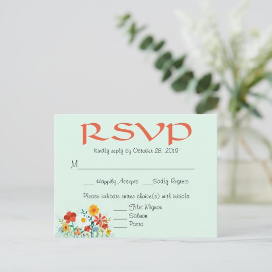 Wildflower Mint Floral Wedding RSVP Reactie Uitnodiging Briefkaart (Staand voorkant)