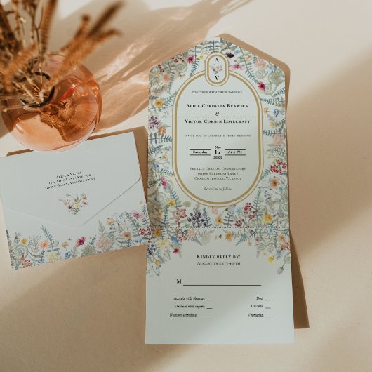 Wildflower Mint Groen Bruiloft Monogram All In One Uitnodiging