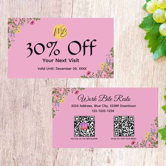 Wildflower Modern Restaurant Qr Code Menu en Kortingskaartje