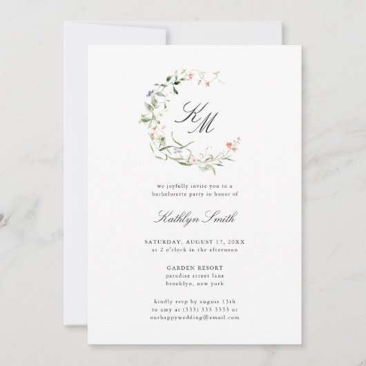 Wildflower Monogram Krans Bachelorette Party Kaart (Voorkant)