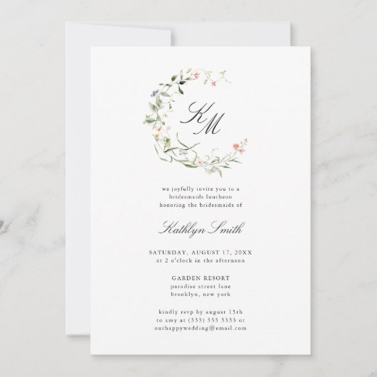 Wildflower Monogram Krans Bruidsmeisjes Luncheon Kaart (Voorkant)
