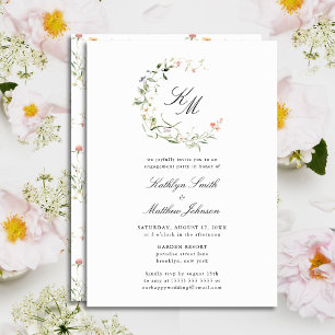 Wildflower Monogram krans Modern Engagement Party Kaart