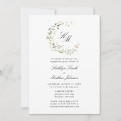 Wildflower Monogram krans Modern Engagement Party Kaart (Voorkant)