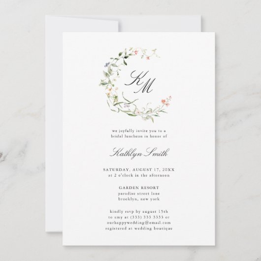 Wildflower Monogram krans Moderne bruids lunch Kaart (Voorkant)