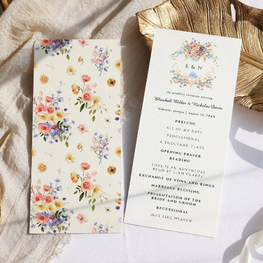 Wildflower Monogram | Sierlijk Boho Huwelijksprogr Programmakaart