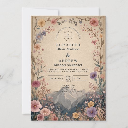 Wildflower Mountain Botanical Wedding Kaart (Voorkant)