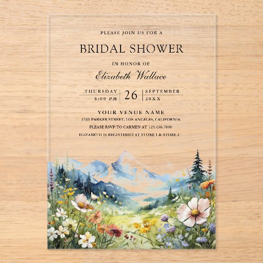 Wildflower Mountain Meadow Bridal Shower Acryl Uitnodigingen (Voorkant)