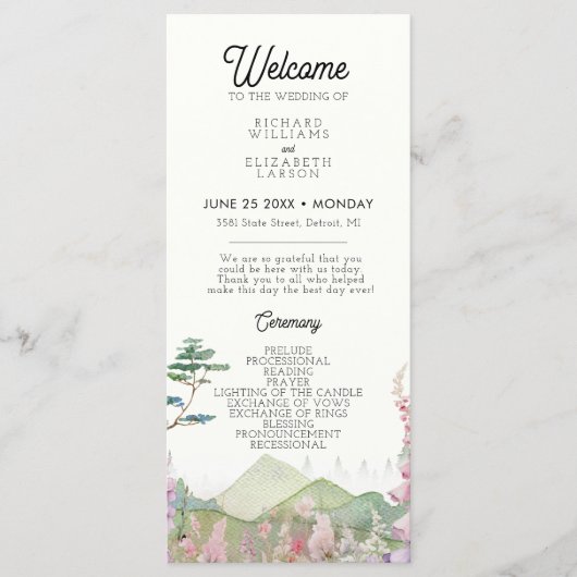 Wildflower Mountain Waterverf bruiloft Programmakaart (Voorkant)