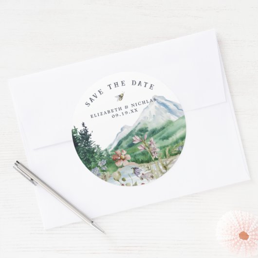 Wildflower Mountain | Weddenschap Save the Date Ronde Sticker (Envelop)