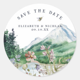 Wildflower Mountain | Weddenschap Save the Date Ronde Sticker