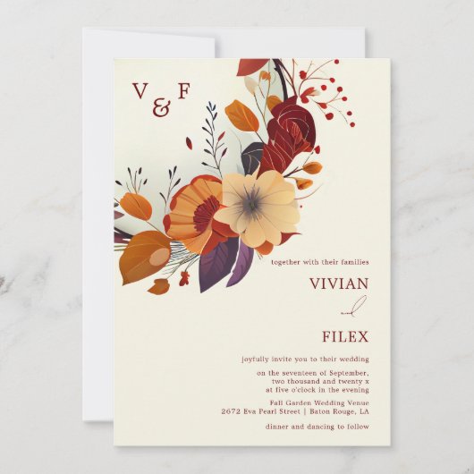 Wildflower Naam Initiaal Fall Wedding Kaart (Voorkant)