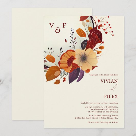 Wildflower Naam Initiaal Fall Wedding Kaart (Voorkant / Achterkant)