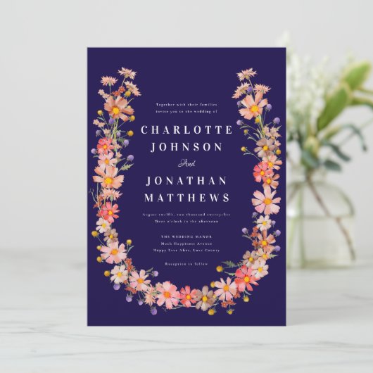 Wildflower Navy Blue Fall Wedding Kaart (Staand voorkant)