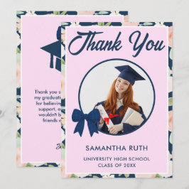 Wildflower Navy Blue Gingham Strik Afstudeerfoto Bedankkaart