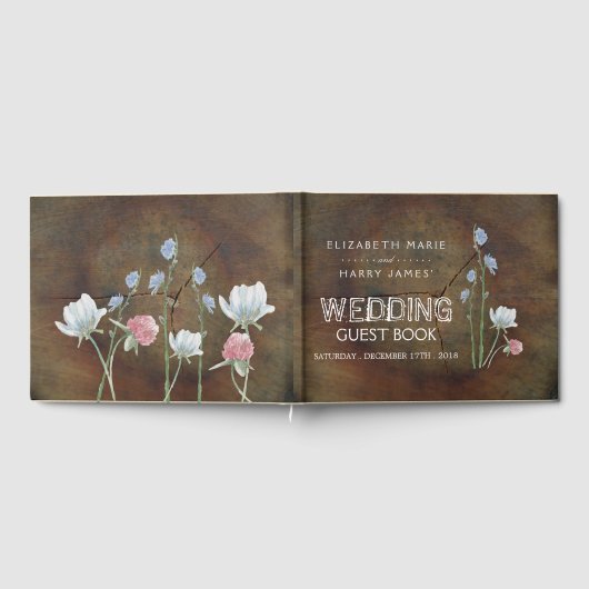 Wildflower Oak Wood Wedding Guest Book Gastenboek (Volledig)