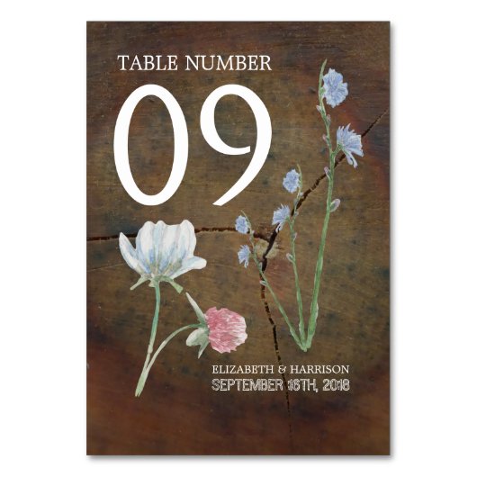 Wildflower Oak Wood Wedding Table No. Kaart (Voorkant)