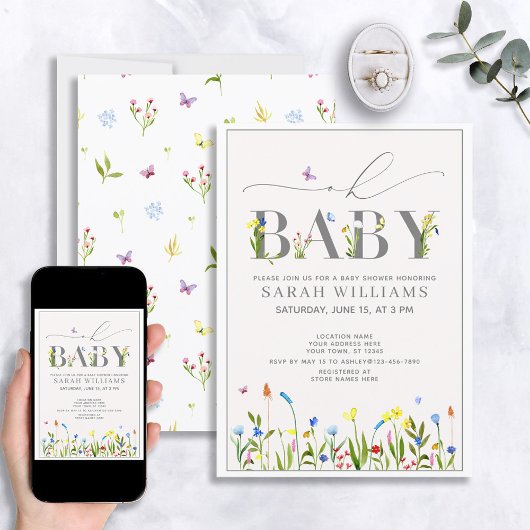 Wildflower Oh Baby Script Meisje Baby shower Kaart