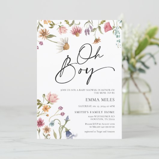 Wildflower Oh Boy Baby shower Kaart (Staand voorkant)