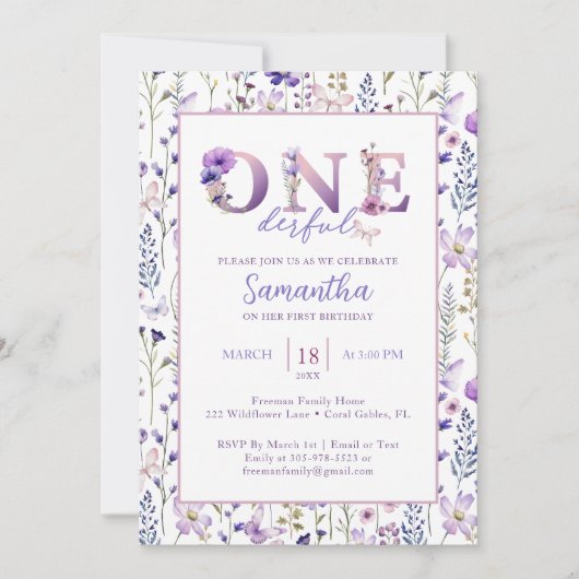 Wildflower ONEderful Meisje's 1e Verjaardag Uitnod Kaart (Voorkant)