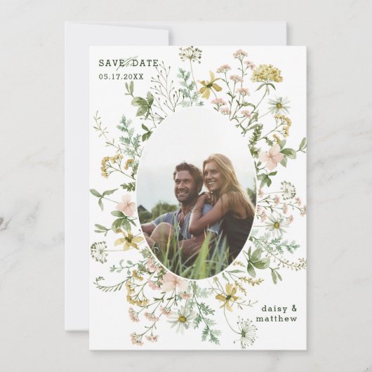 Wildflower ovaal Lijst 2 foto bruiloft QR-code Save The Date (Voorkant)