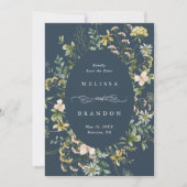 Wildflower Ovaal Lijst Trouwfoto Navy Save The Date (Voorkant)