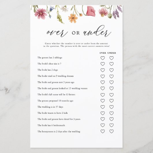 Wildflower Over- of Onder Bruiloftfeest Spelkaarte (Voorkant)