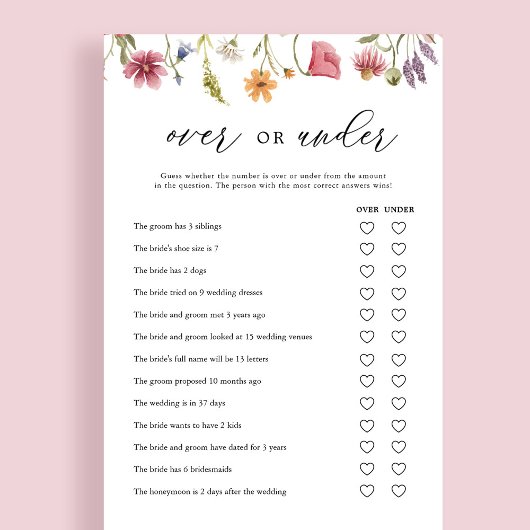 Wildflower Over- of Onder Bruiloftfeest Spelkaarte