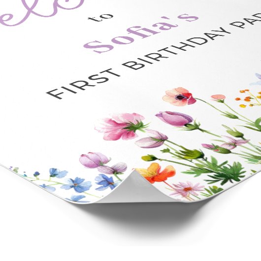 Wildflower Paarse 1e Verjaardag Welkom Sign Poster (Hoek)