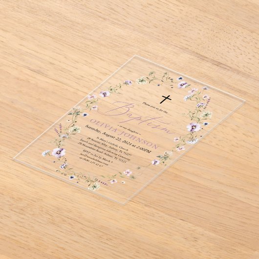 Wildflower Paarse Bloemen Meisje Doop Acryl Uitnodigingen (Laagn)