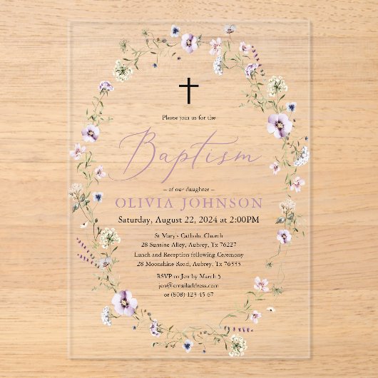 Wildflower Paarse Bloemen Meisje Doop Acryl Uitnodigingen (Voorkant)