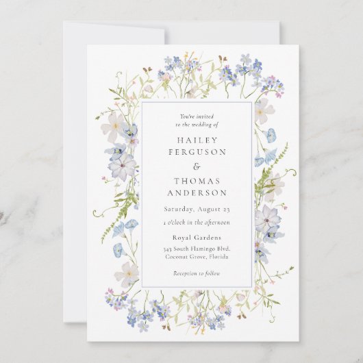 Wildflower Paarse en blauwe bloemen bruiloft Kaart (Voorkant)
