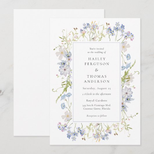 Wildflower Paarse en blauwe bloemen bruiloft Kaart (Voorkant / Achterkant)