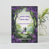 Wildflower paarse huwelijksuitnodiging, wo kaart (Staand voorkant)