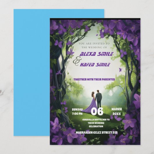Wildflower paarse huwelijksuitnodiging, wo kaart (Voorkant / Achterkant)